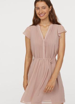 H&m платье розовое пудровое свободное оверсайз шифоновое на подкладке с поясом миди2 фото