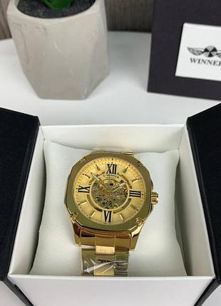 Качественные мужские механические часы winner gmt-1159 gold золото,наручные часы виннер скелетон 20224 фото