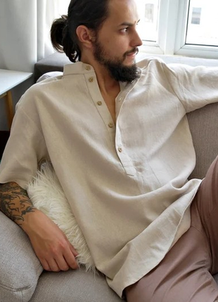 Літня лляна чоловіча сорочка  з короткими рукавами