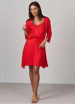 Сорочка женская c халатом красная 10912