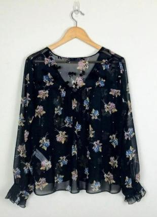 Вільна шифонова блуза блузка з оборкою довгими рукавами в ніжний квітковий принт