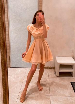 Сукня міні платье с рюшами пудровое персиковое нарядное вечернее летнее