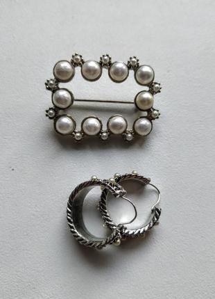 Брошка та сережки з мікро перлами винтаж микро жемчуг2 фото