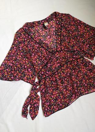Блуза шифоновая с поясом  / цветочные принт / рубашка / блуза