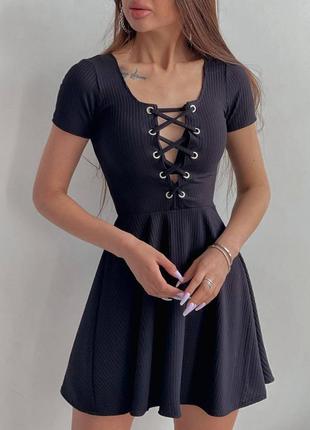 Трикотажное платье-мини со шнуровкой на груди🖤▫️цвет: чёрный,пудра,мокко, голубой6 фото