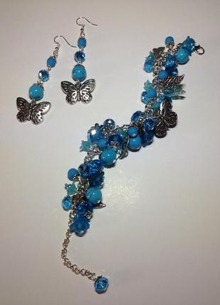 Бірюзовий набір браслет і сережки з метеликами1 фото