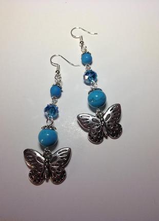 Бірюзовий набір браслет і сережки з метеликами2 фото