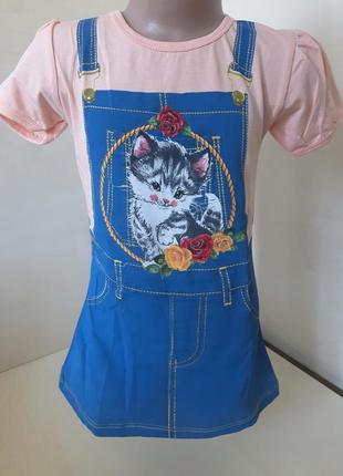 Летнее платье сарафан для девочки кот в джинсе р.104 110 116