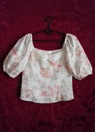 Льон+віскоза / натуральна блузка рукав "ліхтарик" квітковий принт/ укорочена полуоблегающая блуза4 фото