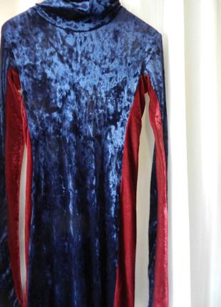 Сукня велюр оксамит стрейч, тонкий, приємний до тіла, не важкий, синя сукня з бордовими смугами з бо2 фото