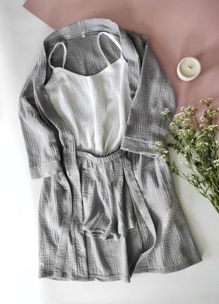 Пижама муслин серая с белым перышки4 фото