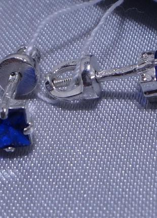 Серебряные серьги-гвоздики квадро синие2 фото