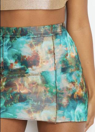 🐸зелёная мини юбка с контрастными швами/бирюзовая короткая облегающая юбка абстрактный принт🐸3 фото