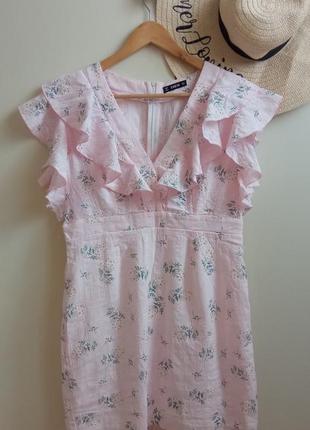 Розовое мини платье с рюшами. платье хлопок в мелкий цветочек
