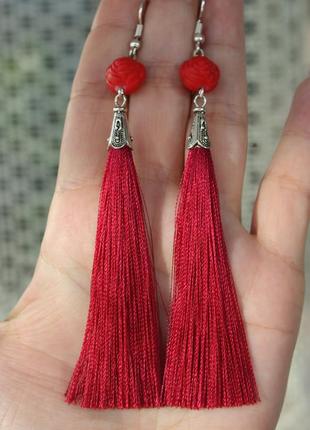 Серьги серёжки кисти кисточки вишнёво-малиновые с бусиной роза