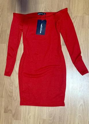 Красное облегающее платье bardot, s prettylittlething6 фото