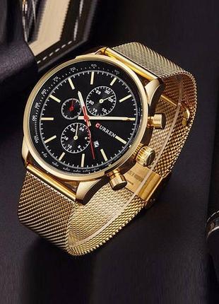 Качественные мужские наручные часы curren металлические. кварцевые часы золотистые черные
