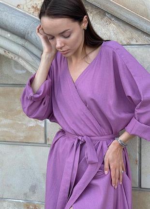Сиреневое платье на запах в стиле кимоно из натурального льна2 фото