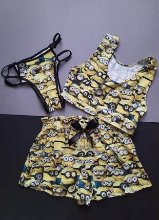 Качественная трикотажная женская пижама топ шорты трусики1 фото
