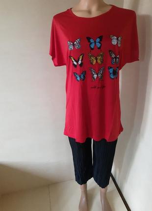 Летняя женская футболка бабочки красная большие размеры 48 - 564 фото