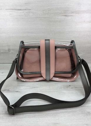 Прозрачная женская сумка клатч через плечо с косметичкой розовая пудровая силиконовая мини сумочка1 фото