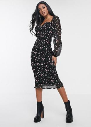 Шикарное платье миди в розы цветочный принт, размер м-л, missguided