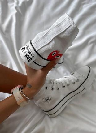 Converse comme des garçons play white hight жіночі білі високі кеді конверс з сердечком на високій підошві білі високі кеди на високій платформі5 фото