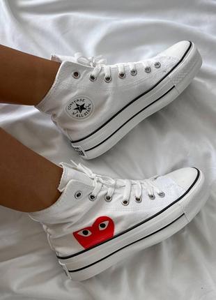 Converse comme des garçons play white hight жіночі білі високі кеді конверс з сердечком на високій підошві білі високі кеди на високій платформі7 фото