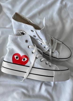 Converse comme des garçons play white hight platform білі високі кеді конверс з сердечком на високій платформі білі високі кеди на високій підошві10 фото