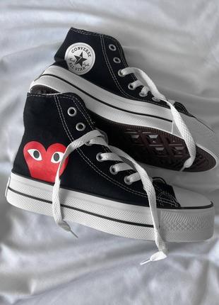 Converse comme des garçons play black hight platform чорні високі кеді конверс з сердечком на високій платформі чорні високі кеди на високій підошві5 фото