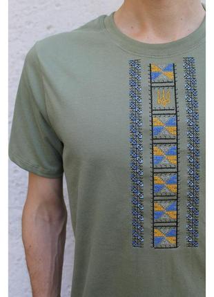 Футболка патріотична вишита чоловіча хакі з тризубом вишиванка мужская патриотическая вышитая футболка вышиванка хаки