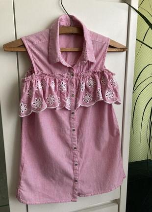 River island 12/152 xxs/xs/s сорочка блуза бавовна в тонку рожеву смужку без рукава з воланом рюш2 фото