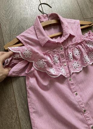 River island 12/152 xxs/xs/s сорочка блуза бавовна в тонку рожеву смужку без рукава з воланом рюш7 фото