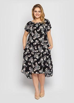 Черное платье изо льна с коротким рукавом в цветочный принт, большие размеры от 52 до 582 фото