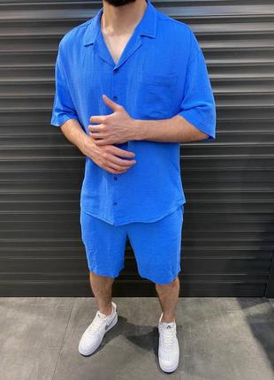 Комплект мужской рубашка шорты базовый синий турция / костюм чоловічий сорочка шорти базовий синій
