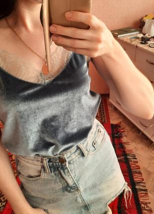 Бархатная серая майка с кружевом, размер 44-46