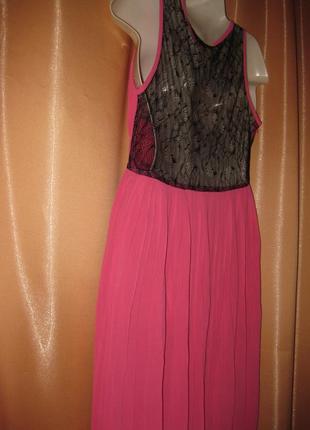 Нарядный легкий шифоновый розовый сарафан платье  l/xl км1096 с черным кружевом на спине7 фото