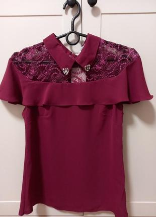 Блуза жіноча, святкова, короткий рукав, бордова, мереживна1 фото
