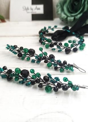 Комплект сережки і браслет ізумрудно-чорний