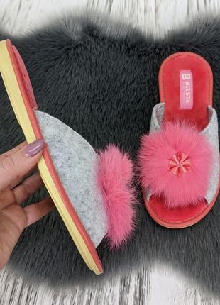 Тапочки женские домашние белста фетровые серые с кораловым пушком открытые