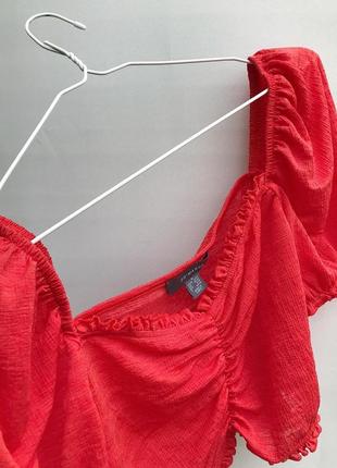 Красный топ primark со стяжкой с объемными рукавами с рюшами женский весенний летний