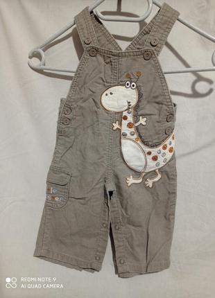Бавовняні вельветові бежеві штанці на підтяжках бавовна вельвет динозавр напівкомбінезон пісочник