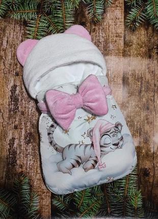 Спальник для новонароджених дівчаток, принт тигреня, плащівка на махре1 фото