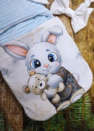 Детский спальник белый с голубым принт зайка, плащевка, флис или плюш2 фото