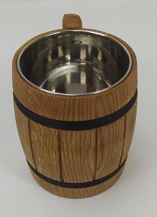 Дерев'яний пивний кухоль з металевою вставкою ручної роботи 0.5 л.4 фото