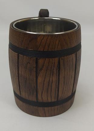 Дерев'яний пивний кухоль з металевою вставкою ручної роботи 0.5 л.4 фото
