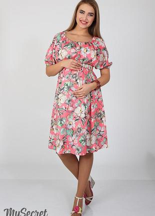 Шикарное летнее платье из штапеля для беременных и кормящих roxolana dr-27.101, цветы на коралле2 фото
