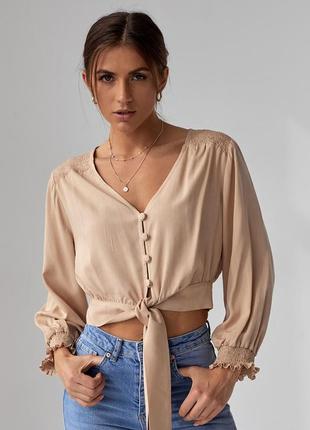 Стильная и модная укороченная блузка из льна на лето с рукавом три четверти на завязках 42-44, 46-481 фото