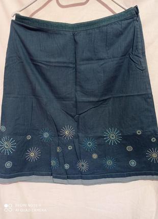 Хлопковая бирюзовая юбка трапеция хлопок теал морская волна с вышивкой на молнии