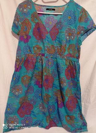 35 хлопковое тонкое  бирюзовое  платье туника теал морской волны в цветочный принт хлопок
